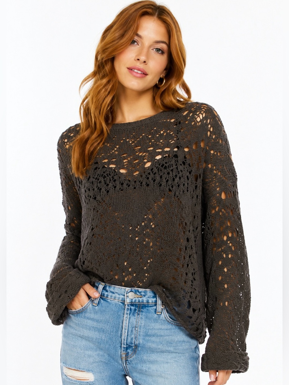 Free People Traveling Lace Sweater Charcoal Crochet Open Knit Boho